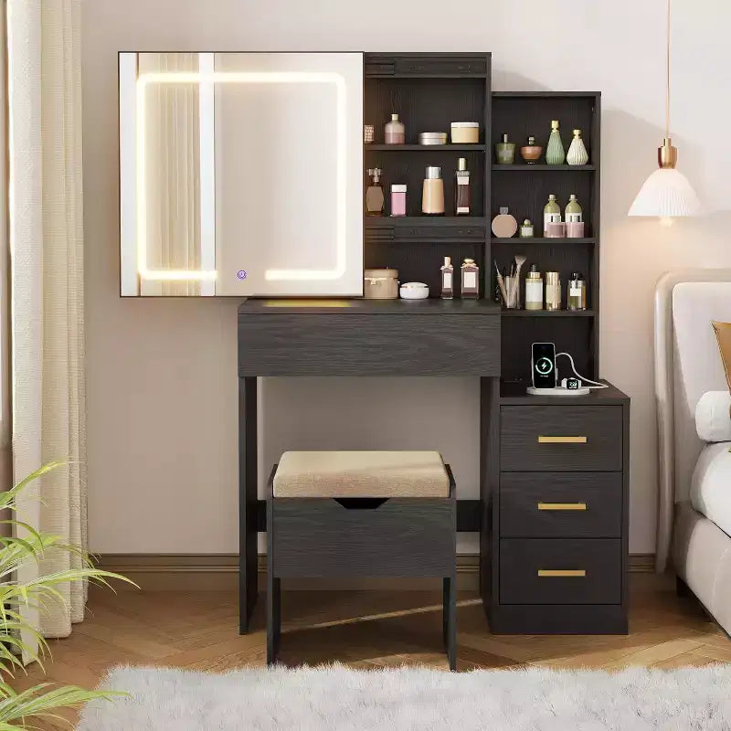Makeup Vanity Desk with Sliding Mirror, Vanity Dressing Table with 3 Color Lights, Girls Vanity Set with Stool,4 Compact Drawers,Power Outlet