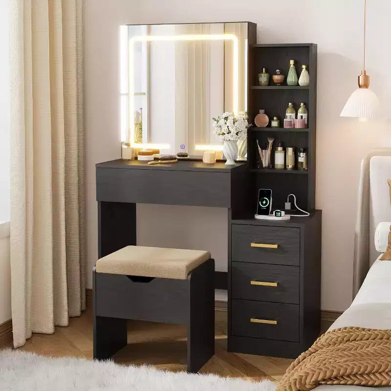 Makeup Vanity Desk with Sliding Mirror, Vanity Dressing Table with 3 Color Lights, Girls Vanity Set with Stool,4 Compact Drawers,Power Outlet