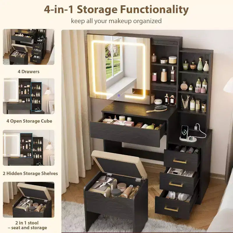 Makeup Vanity Desk with Sliding Mirror, Vanity Dressing Table with 3 Color Lights, Girls Vanity Set with Stool,4 Compact Drawers,Power Outlet