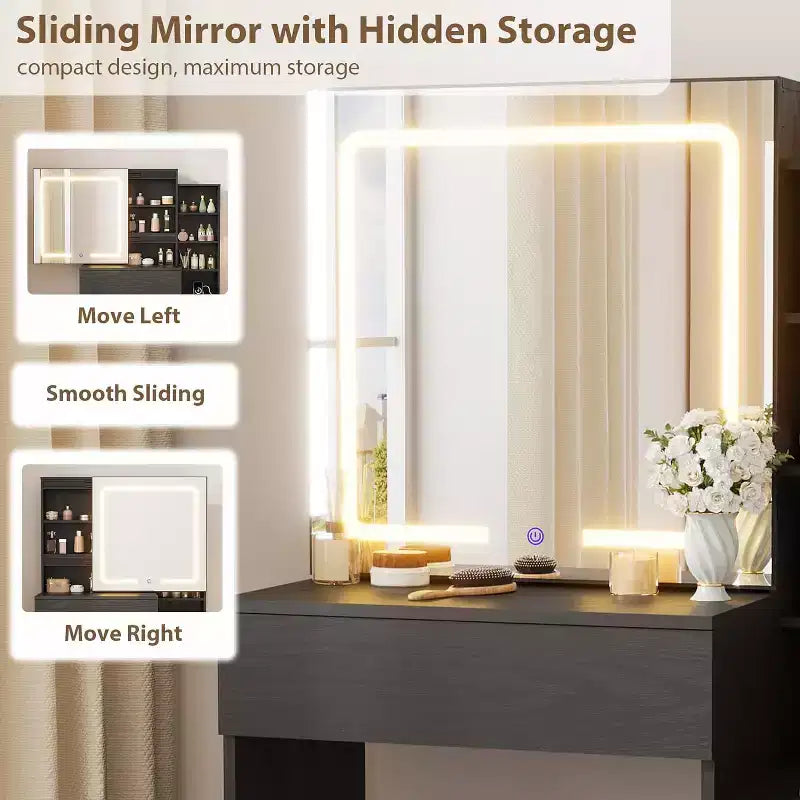 Makeup Vanity Desk with Sliding Mirror, Vanity Dressing Table with 3 Color Lights, Girls Vanity Set with Stool,4 Compact Drawers,Power Outlet