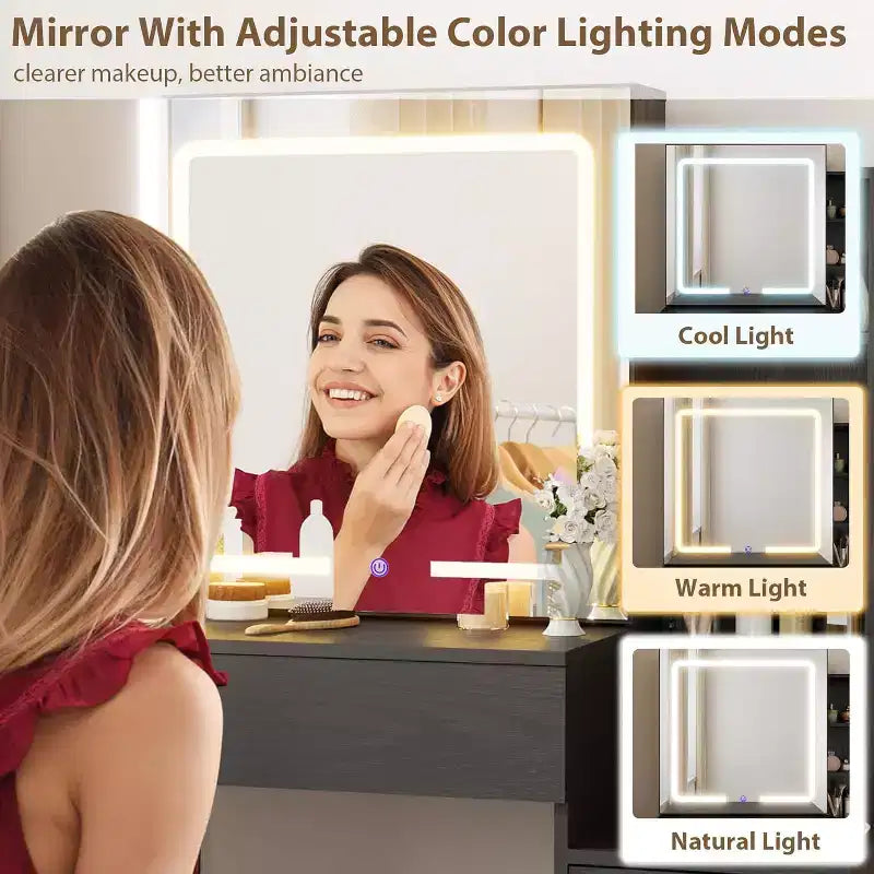 Makeup Vanity Desk with Sliding Mirror, Vanity Dressing Table with 3 Color Lights, Girls Vanity Set with Stool,4 Compact Drawers,Power Outlet