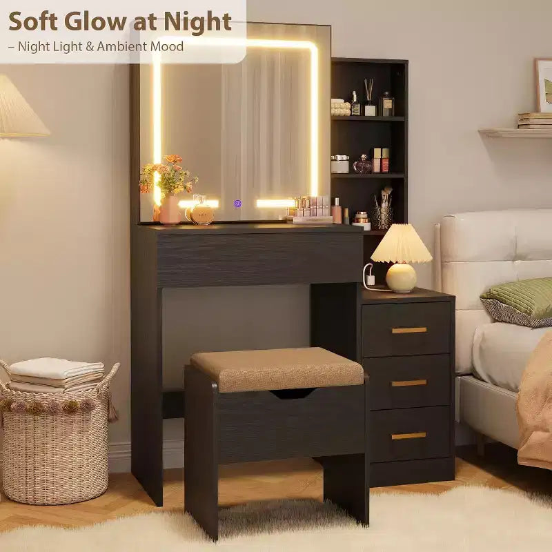 Makeup Vanity Desk with Sliding Mirror, Vanity Dressing Table with 3 Color Lights, Girls Vanity Set with Stool,4 Compact Drawers,Power Outlet