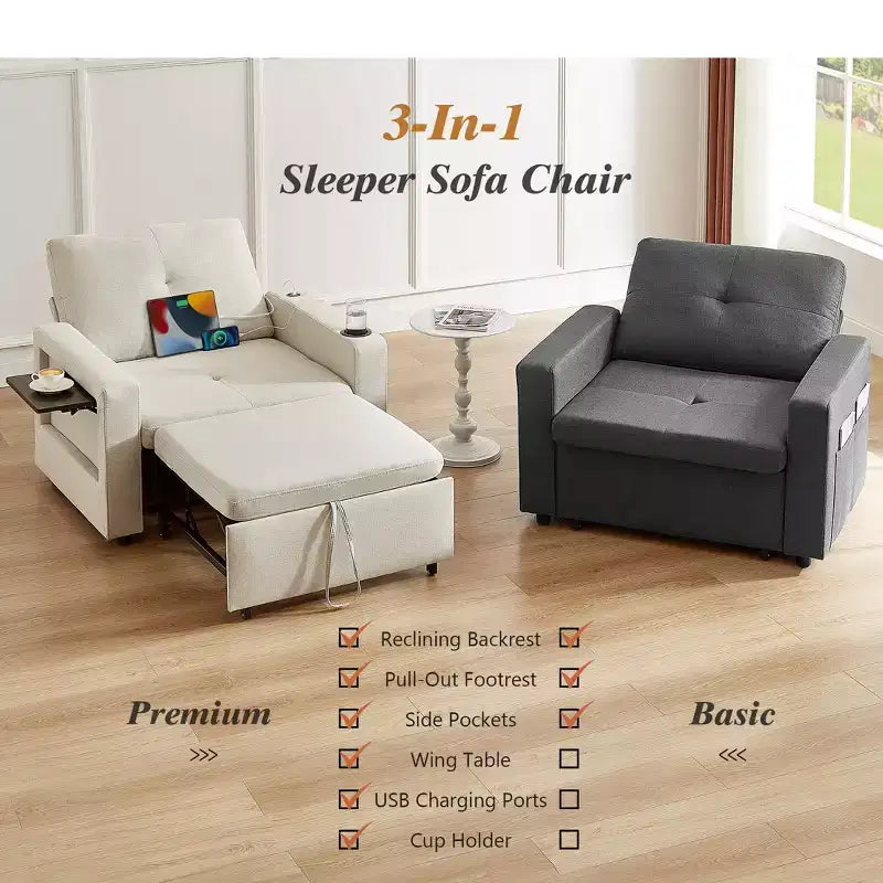 Dyonery 3-in-1 Sleeper Sofa Chair Bed 42.5 W Convertible Sleeper Chair with Pull Out Bed