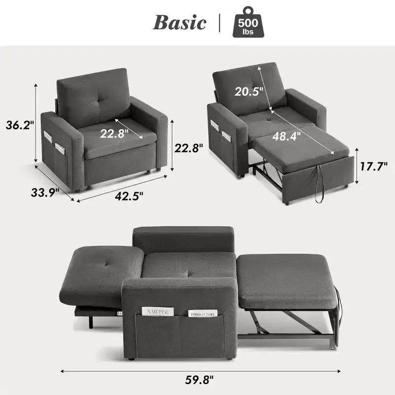 Dyonery 3-in-1 Sleeper Sofa Chair Bed 42.5 W Convertible Sleeper Chair with Pull Out Bed