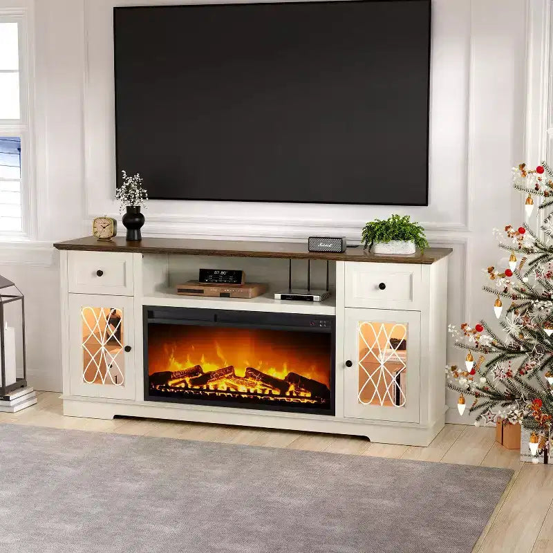 Dyonery Fireplace TV Stand Storage Cabinet for 80 Inch TV Farmhouse Entertainment Center with 36 Fireplace & LED Lights White