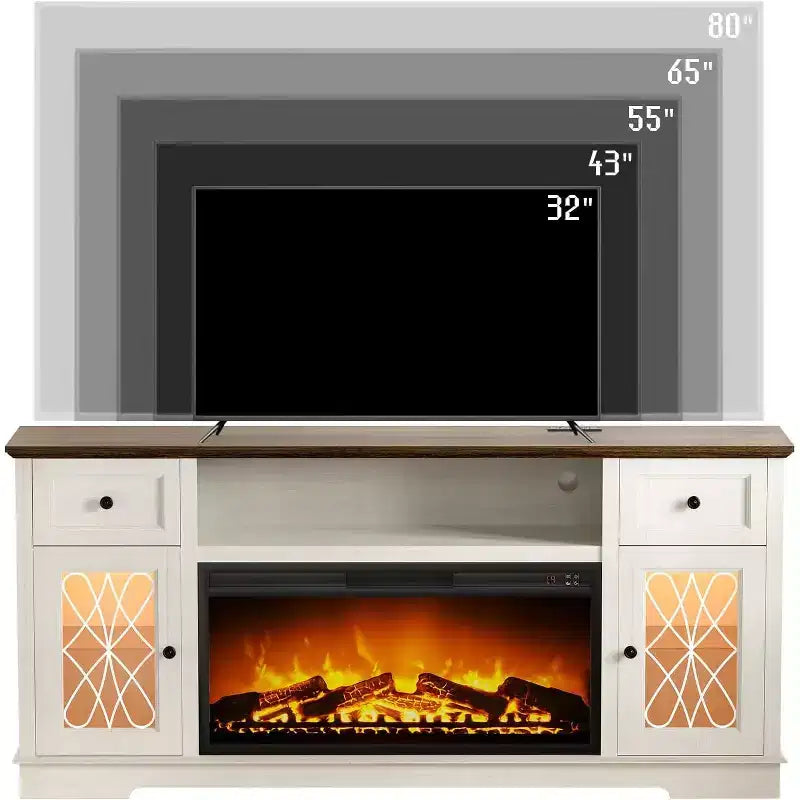 Dyonery Fireplace TV Stand Storage Cabinet for 80 Inch TV Farmhouse Entertainment Center with 36 Fireplace & LED Lights White
