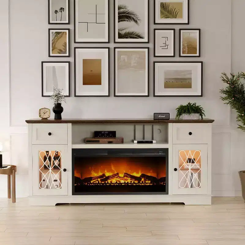 Dyonery Fireplace TV Stand Storage Cabinet for 80 Inch TV Farmhouse Entertainment Center with 36 Fireplace & LED Lights White