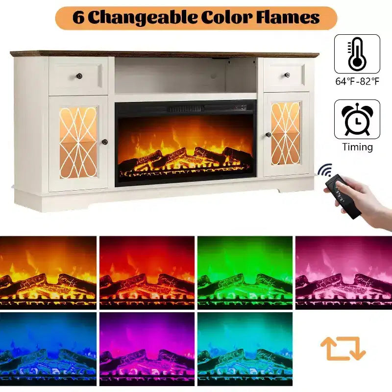 Dyonery Fireplace TV Stand Storage Cabinet for 80 Inch TV Farmhouse Entertainment Center with 36 Fireplace & LED Lights White