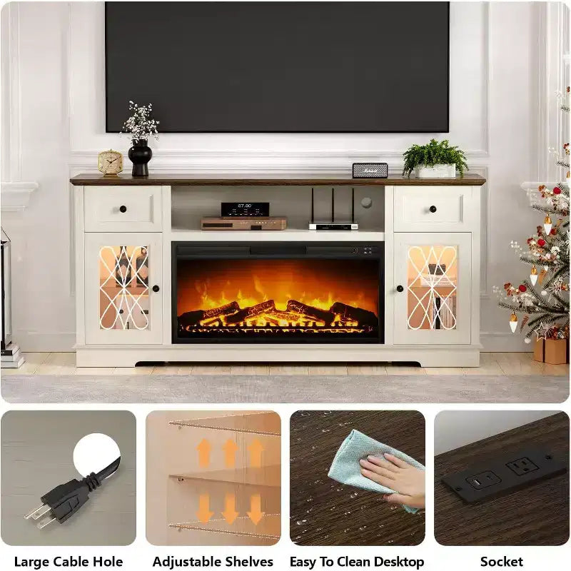 Dyonery Fireplace TV Stand Storage Cabinet for 80 Inch TV Farmhouse Entertainment Center with 36 Fireplace & LED Lights White