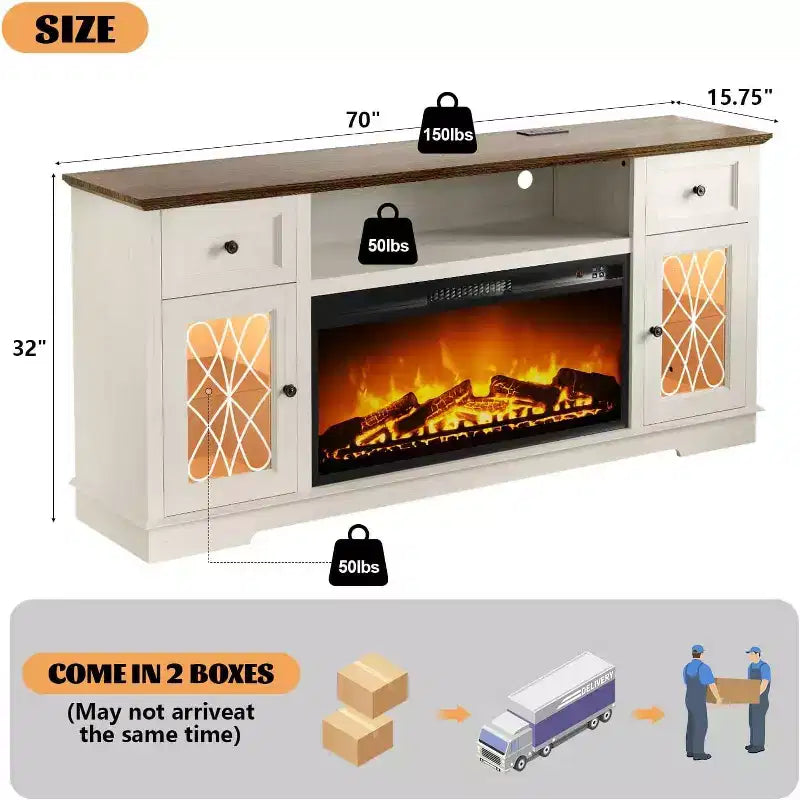Dyonery Fireplace TV Stand Storage Cabinet for 80 Inch TV Farmhouse Entertainment Center with 36 Fireplace & LED Lights White