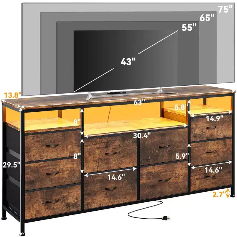 Garvee 63.3 Inch Black Dresser for Bedroom, 10 Drawer Dresser TV Stand for 65 70 75 Inch TV, Fabric Chest of Drawers with LED Lights & Power Outlets