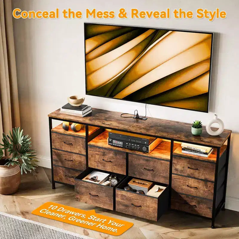 Garvee 63.3 Inch Black Dresser for Bedroom, 10 Drawer Dresser TV Stand for 65 70 75 Inch TV, Fabric Chest of Drawers with LED Lights & Power Outlets