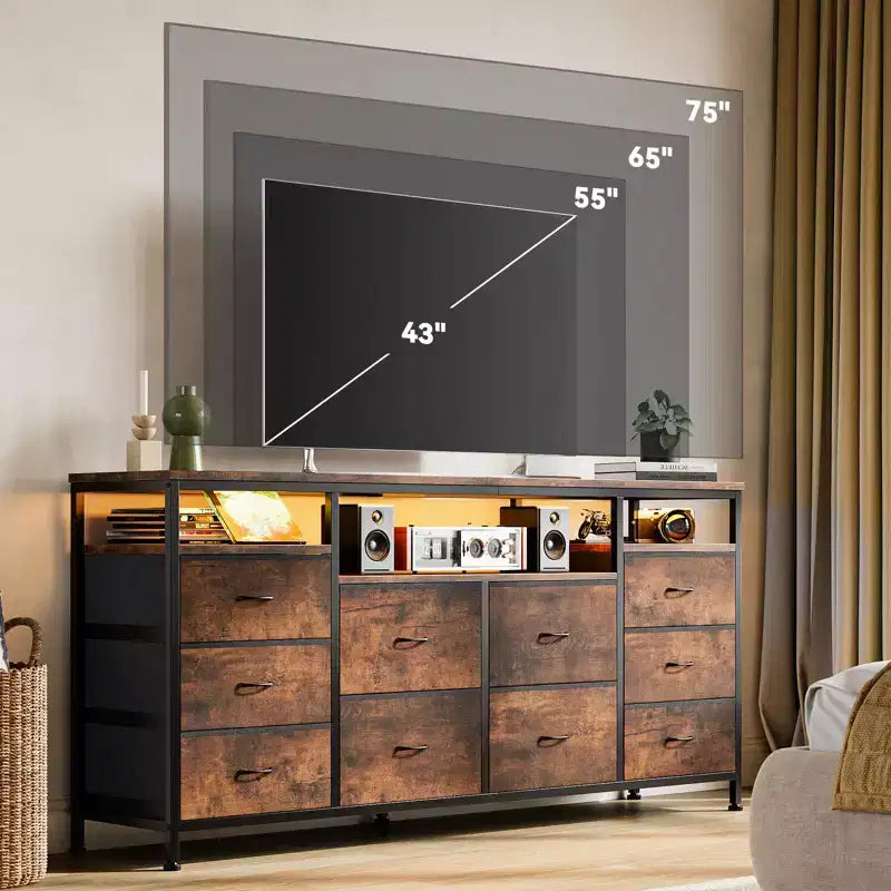 Garvee 63.3 Inch Black Dresser for Bedroom, 10 Drawer Dresser TV Stand for 65 70 75 Inch TV, Fabric Chest of Drawers with LED Lights & Power Outlets