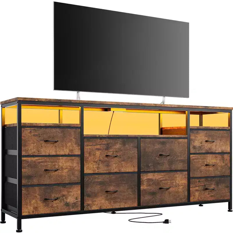 Garvee 63.3 Inch Black Dresser for Bedroom, 10 Drawer Dresser TV Stand for 65 70 75 Inch TV, Fabric Chest of Drawers with LED Lights & Power Outlets