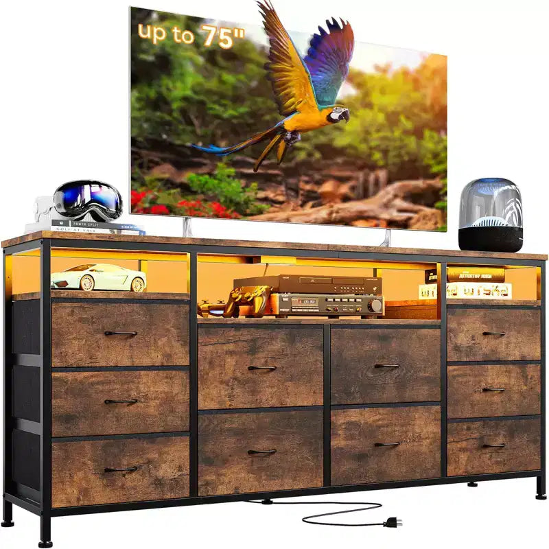 Garvee 63.3 Inch Black Dresser for Bedroom, 10 Drawer Dresser TV Stand for 65 70 75 Inch TV, Fabric Chest of Drawers with LED Lights & Power Outlets