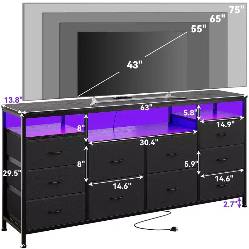 Garvee 63.3 Inch Black Dresser for Bedroom, 10 Drawer Dresser TV Stand for 65 70 75 Inch TV, Fabric Chest of Drawers with LED Lights & Power Outlets