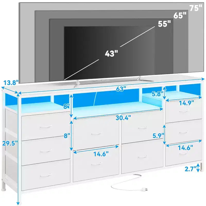 Garvee 63.3 Inch Black Dresser for Bedroom, 10 Drawer Dresser TV Stand for 65 70 75 Inch TV, Fabric Chest of Drawers with LED Lights & Power Outlets
