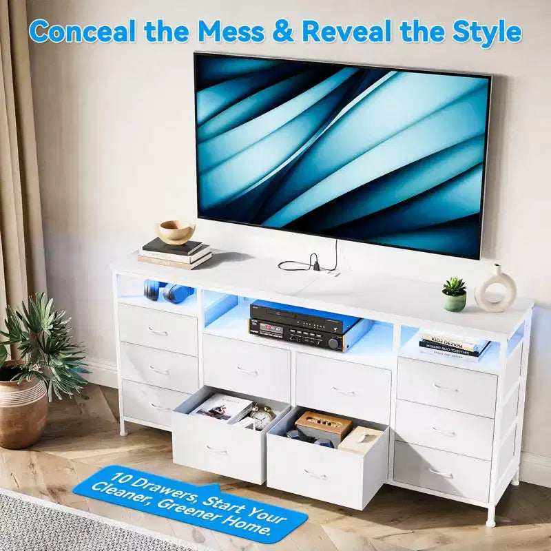 Garvee 63.3 Inch Black Dresser for Bedroom, 10 Drawer Dresser TV Stand for 65 70 75 Inch TV, Fabric Chest of Drawers with LED Lights & Power Outlets
