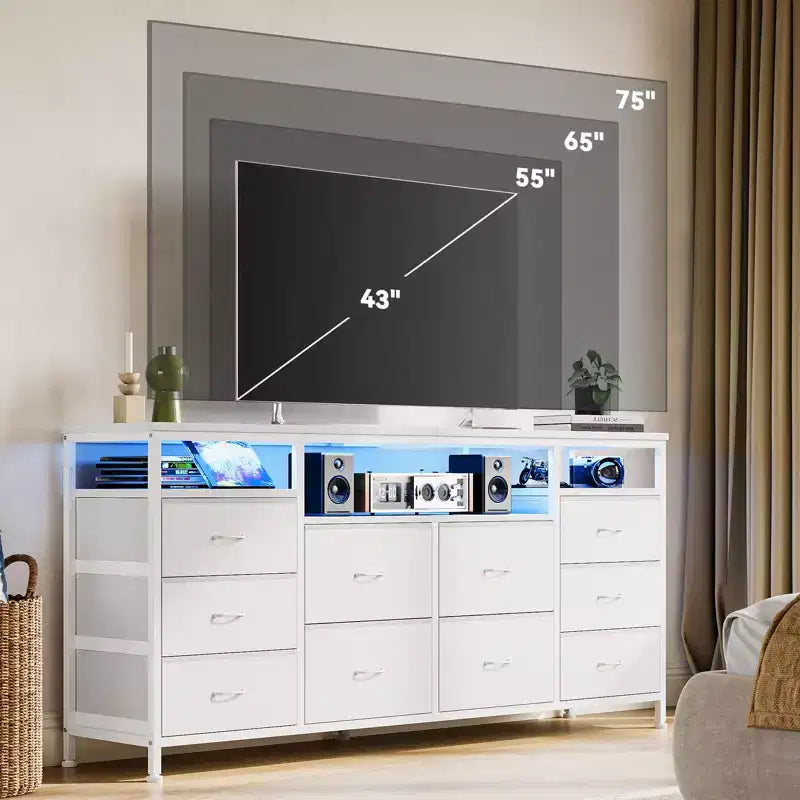 Garvee 63.3 Inch Black Dresser for Bedroom, 10 Drawer Dresser TV Stand for 65 70 75 Inch TV, Fabric Chest of Drawers with LED Lights & Power Outlets