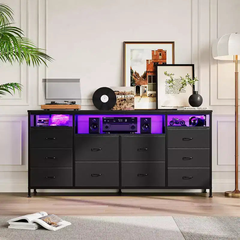 Garvee 63.3 Inch Black Dresser for Bedroom, 10 Drawer Dresser TV Stand for 65 70 75 Inch TV, Fabric Chest of Drawers with LED Lights & Power Outlets