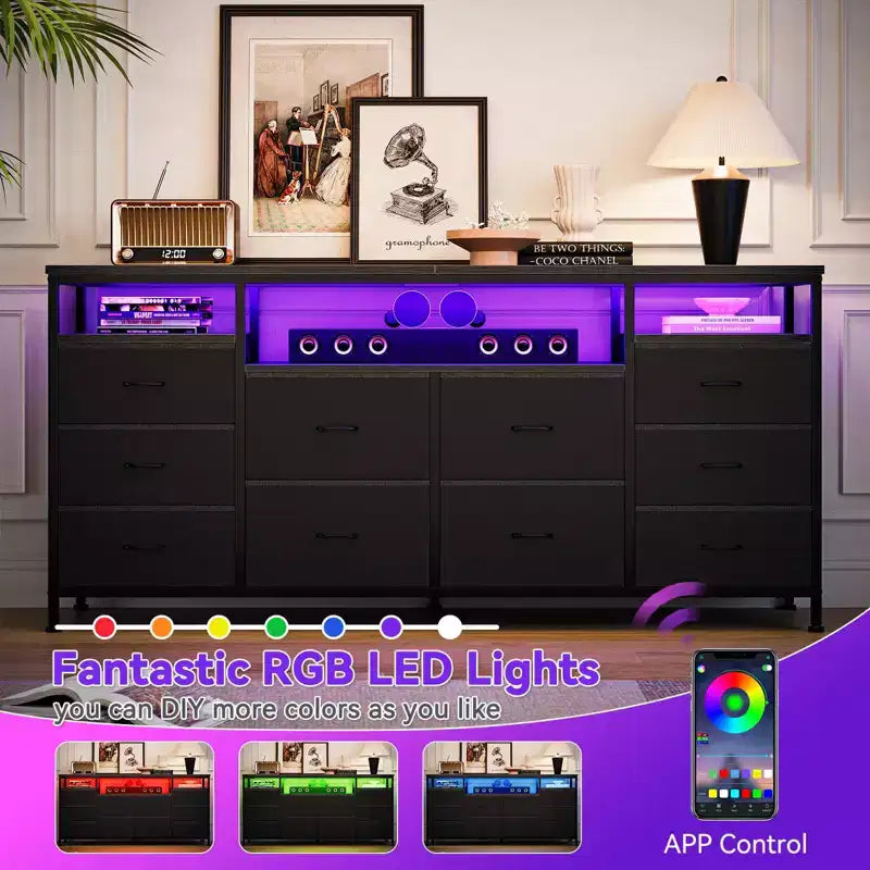 Garvee 63.3 Inch Black Dresser for Bedroom, 10 Drawer Dresser TV Stand for 65 70 75 Inch TV, Fabric Chest of Drawers with LED Lights & Power Outlets