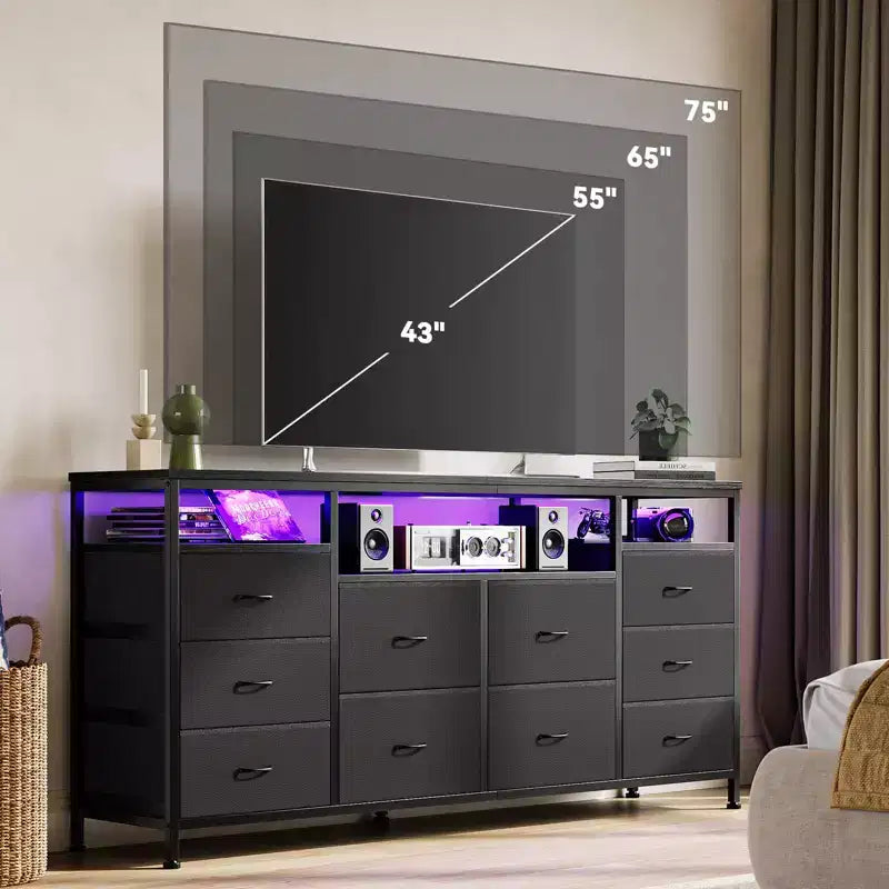 Garvee 63.3 Inch Black Dresser for Bedroom, 10 Drawer Dresser TV Stand for 65 70 75 Inch TV, Fabric Chest of Drawers with LED Lights & Power Outlets