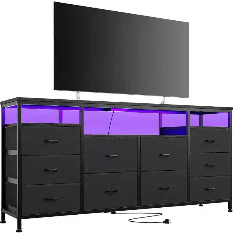 Garvee 63.3 Inch Black Dresser for Bedroom, 10 Drawer Dresser TV Stand for 65 70 75 Inch TV, Fabric Chest of Drawers with LED Lights & Power Outlets