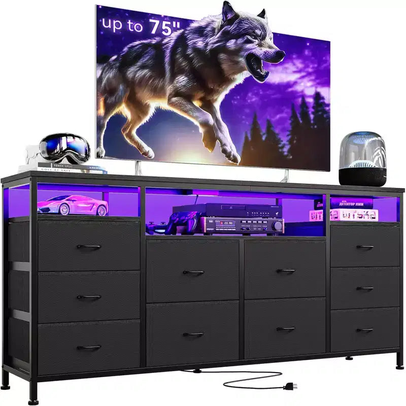 Garvee 63.3 Inch Black Dresser for Bedroom, 10 Drawer Dresser TV Stand for 65 70 75 Inch TV, Fabric Chest of Drawers with LED Lights & Power Outlets