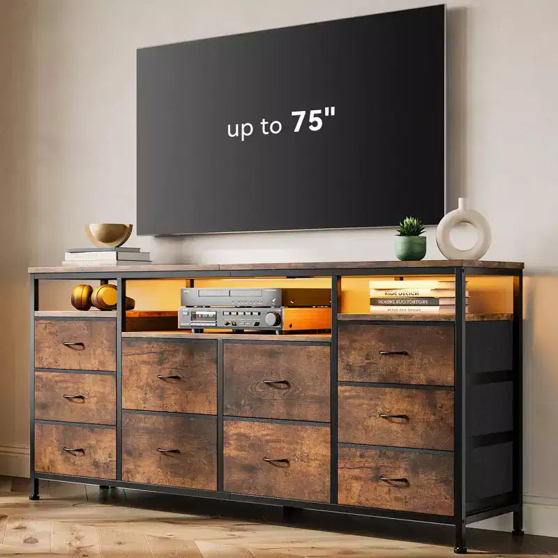 Garvee 63.3 Inch Black Dresser for Bedroom, 10 Drawer Dresser TV Stand for 65 70 75 Inch TV, Fabric Chest of Drawers with LED Lights & Power Outlets