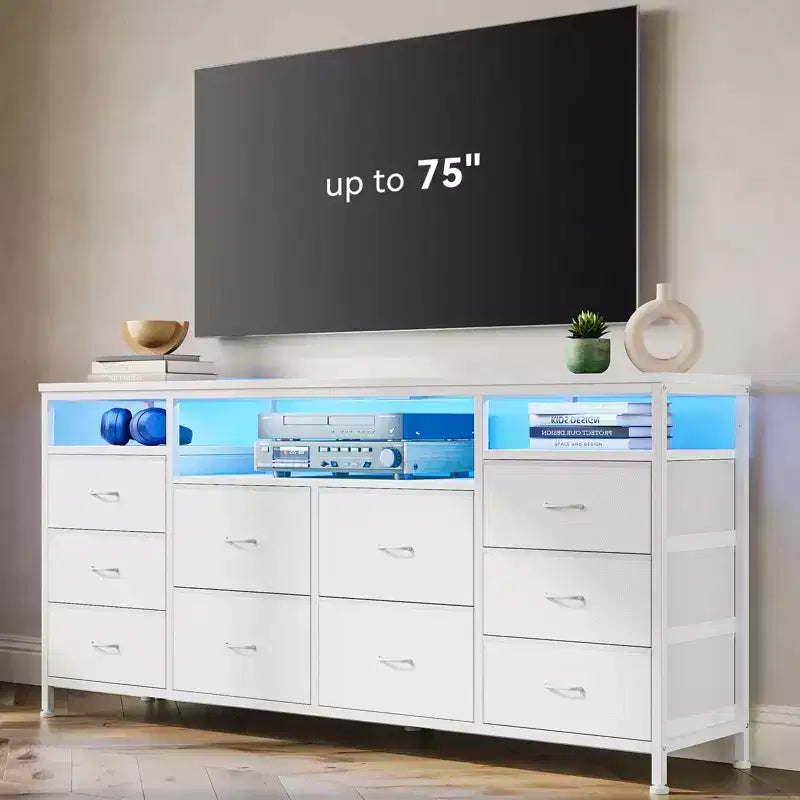 Garvee 63.3 Inch Black Dresser for Bedroom, 10 Drawer Dresser TV Stand for 65 70 75 Inch TV, Fabric Chest of Drawers with LED Lights & Power Outlets