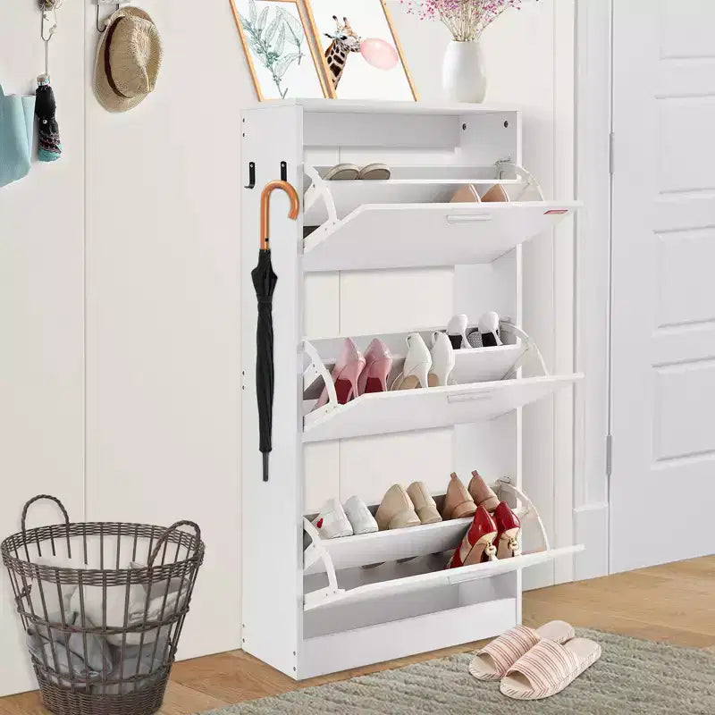 VEVOR Shoe Cabinet with 3 Flip Drawers, Shoe Storage Cabinet for Entryway, Free Standing Shoe Storage Organizer with Side Hooks for Heels, White