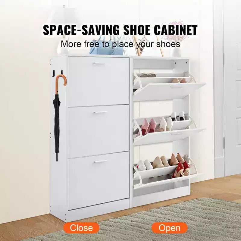 VEVOR Shoe Cabinet with 3 Flip Drawers, Shoe Storage Cabinet for Entryway, Free Standing Shoe Storage Organizer with Side Hooks for Heels, White