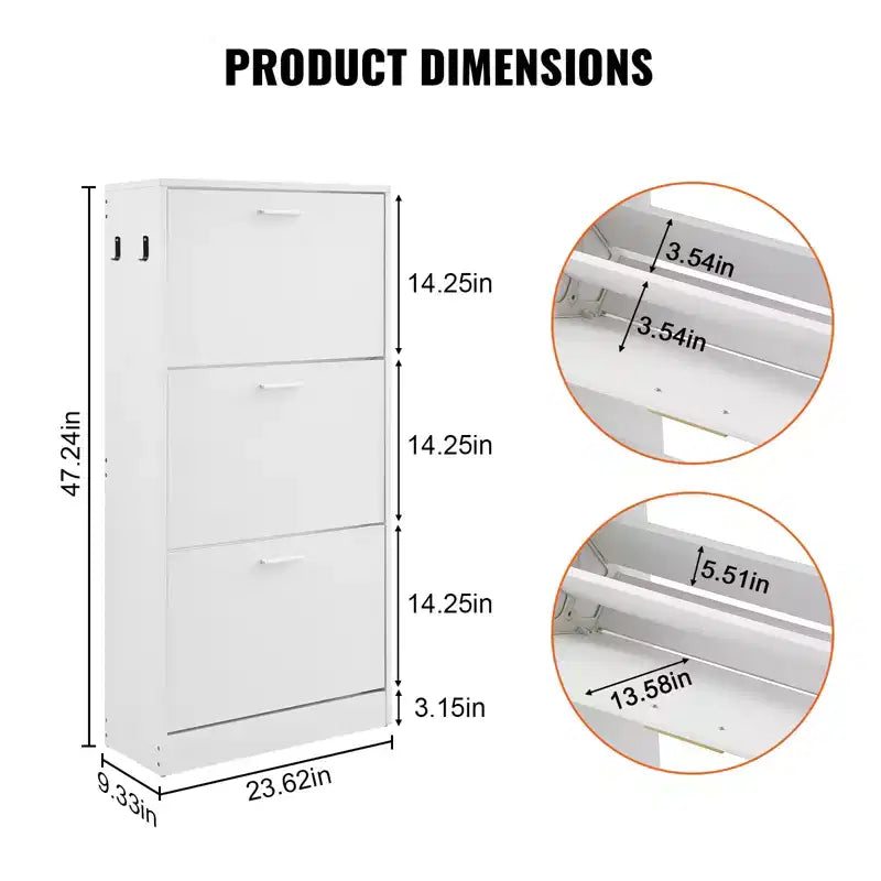 VEVOR Shoe Cabinet with 3 Flip Drawers, Shoe Storage Cabinet for Entryway, Free Standing Shoe Storage Organizer with Side Hooks for Heels, White