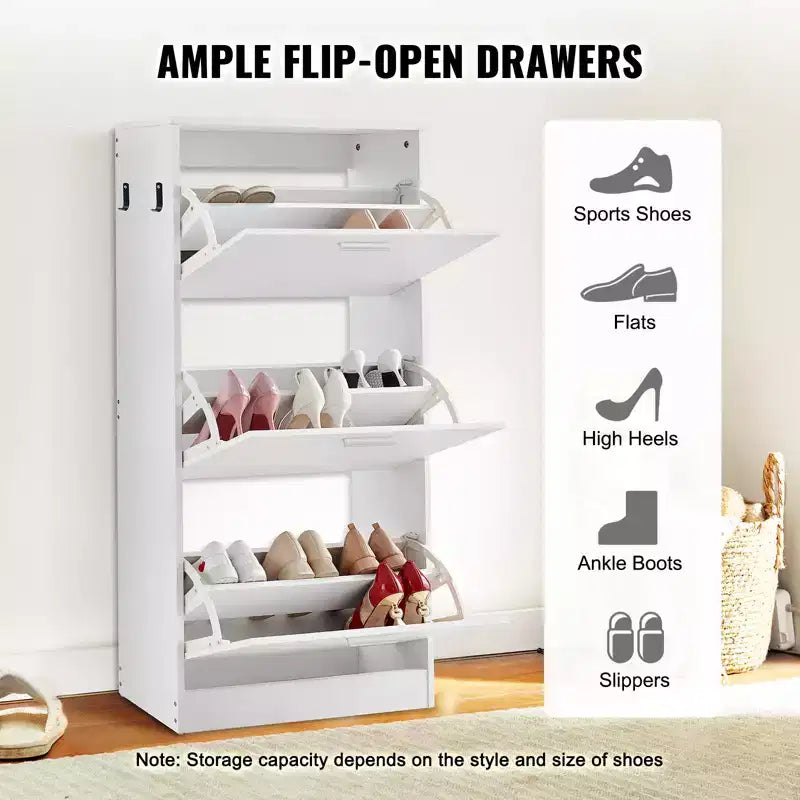VEVOR Shoe Cabinet with 3 Flip Drawers, Shoe Storage Cabinet for Entryway, Free Standing Shoe Storage Organizer with Side Hooks for Heels, White