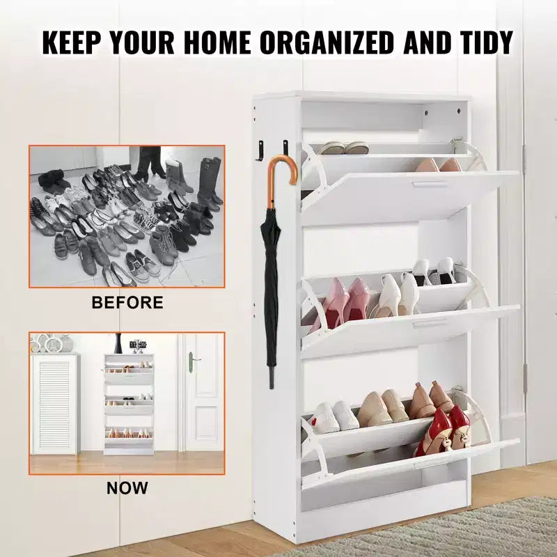 VEVOR Shoe Cabinet with 3 Flip Drawers, Shoe Storage Cabinet for Entryway, Free Standing Shoe Storage Organizer with Side Hooks for Heels, White