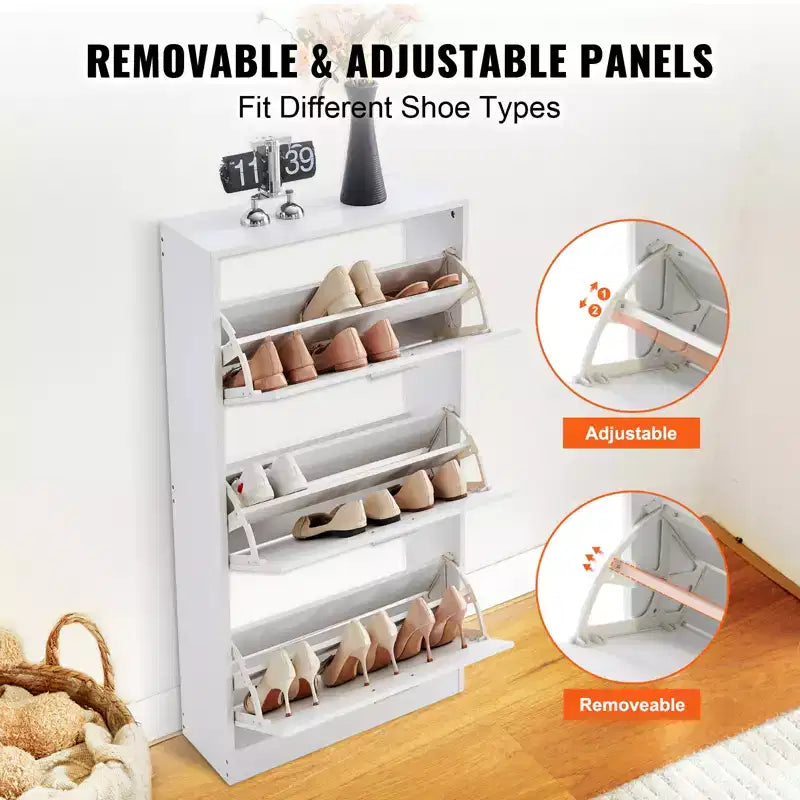 VEVOR Shoe Cabinet with 3 Flip Drawers, Shoe Storage Cabinet for Entryway, Free Standing Shoe Storage Organizer with Side Hooks for Heels, White