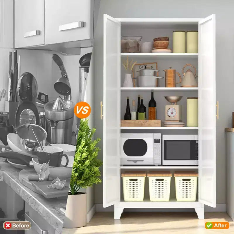 Metal Storage Cabinet, Kitchen Pantry Cabinet with Adjustable Shelves, Lockable File &Tool Cabinet, Garage Storage Cabinet for Kitchen