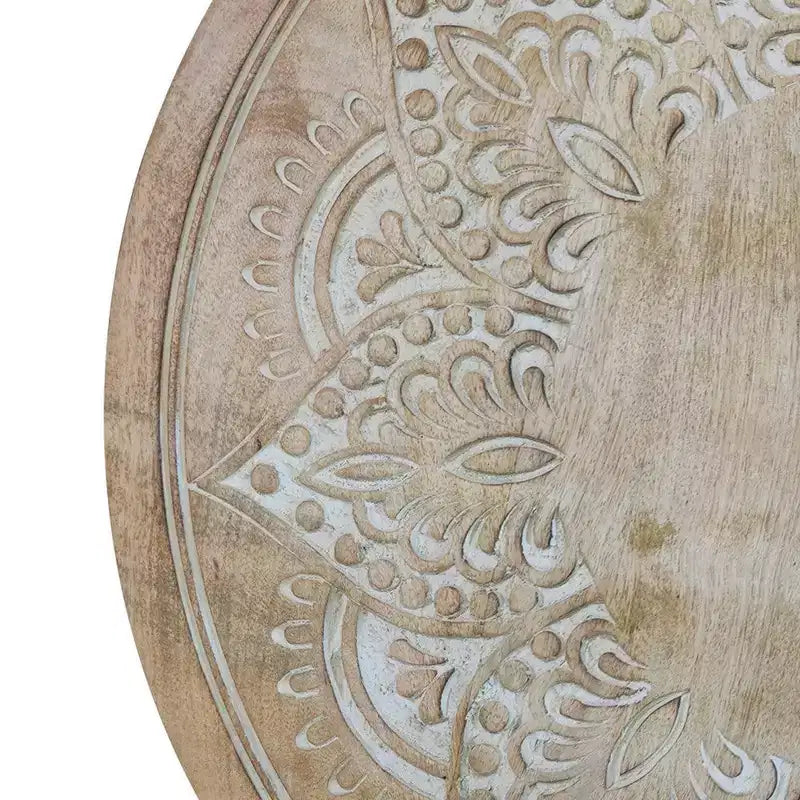 Royal Hampton 24 Inch Accent Side Table with Mango Wood Round Top and Floral Cut-Out Carved Motifs