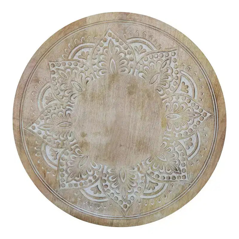 Royal Hampton 24 Inch Accent Side Table with Mango Wood Round Top and Floral Cut-Out Carved Motifs