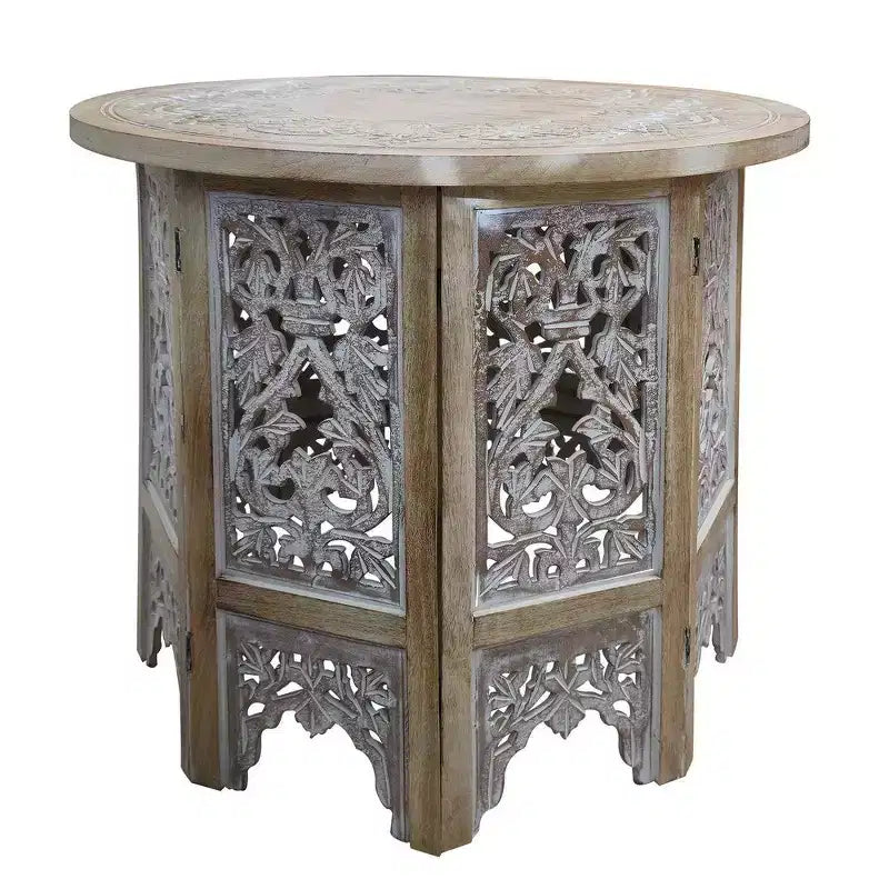 Royal Hampton 24 Inch Accent Side Table with Mango Wood Round Top and Floral Cut-Out Carved Motifs