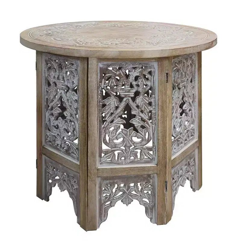 Royal Hampton 24 Inch Accent Side Table with Mango Wood Round Top and Floral Cut-Out Carved Motifs