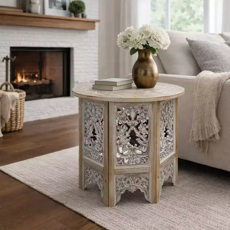 Royal Hampton 24 Inch Accent Side Table with Mango Wood Round Top and Floral Cut-Out Carved Motifs
