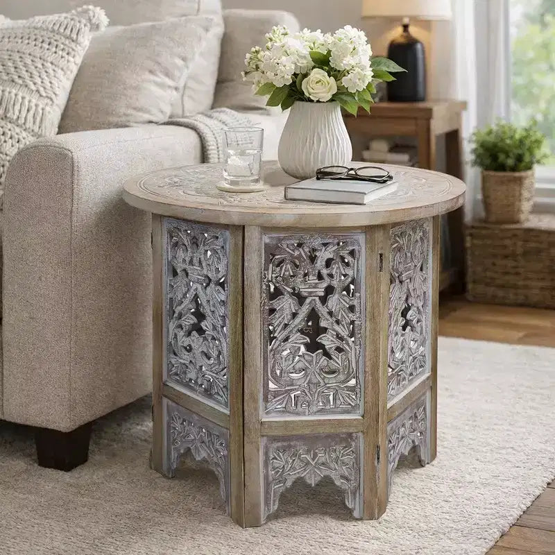 Royal Hampton 24 Inch Accent Side Table with Mango Wood Round Top and Floral Cut-Out Carved Motifs