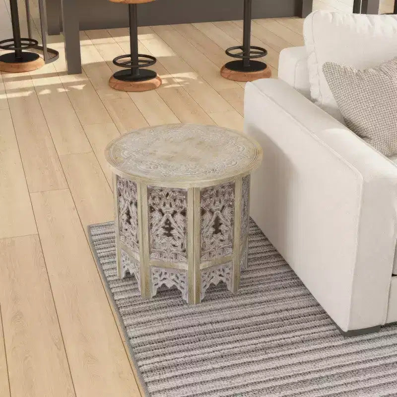 Royal Hampton 24 Inch Accent Side Table with Mango Wood Round Top and Floral Cut-Out Carved Motifs