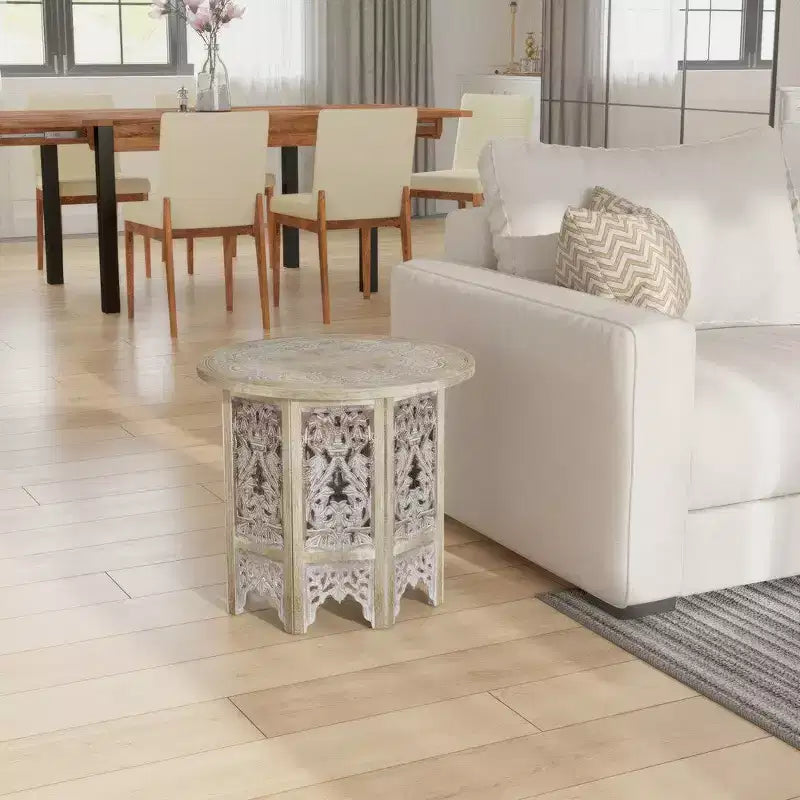 Royal Hampton 24 Inch Accent Side Table with Mango Wood Round Top and Floral Cut-Out Carved Motifs