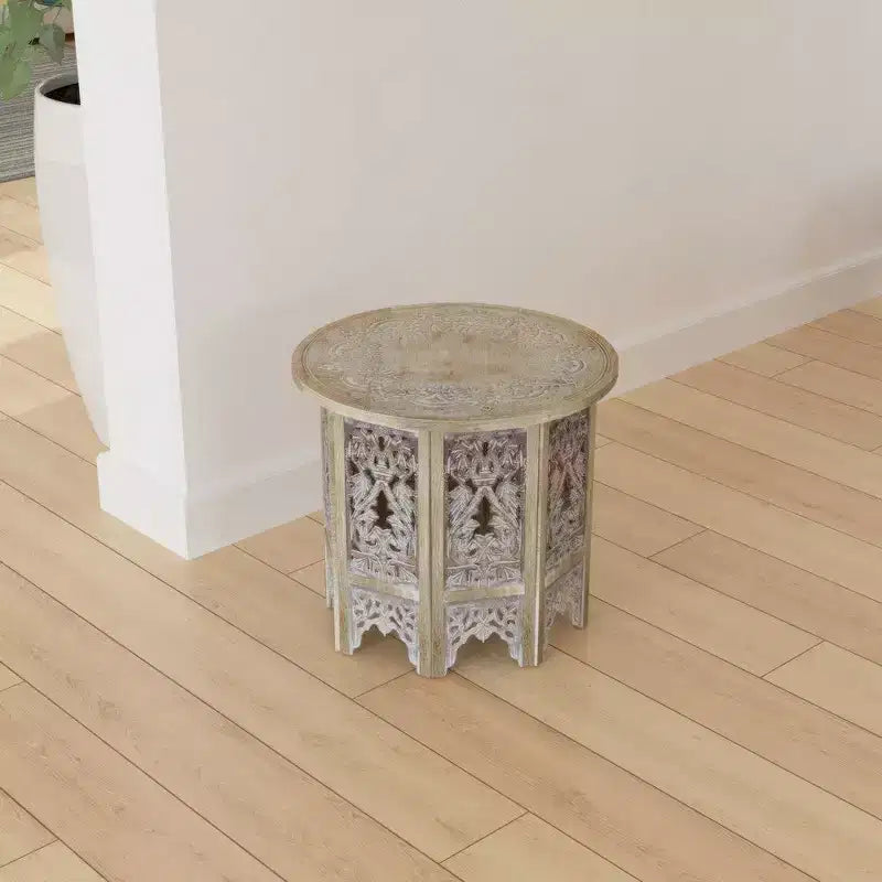 Royal Hampton 24 Inch Accent Side Table with Mango Wood Round Top and Floral Cut-Out Carved Motifs