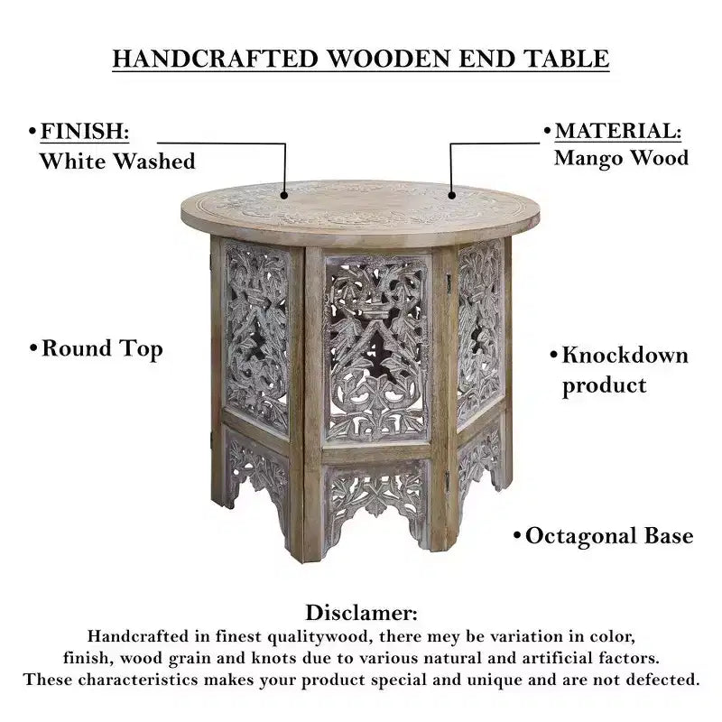 Royal Hampton 24 Inch Accent Side Table with Mango Wood Round Top and Floral Cut-Out Carved Motifs