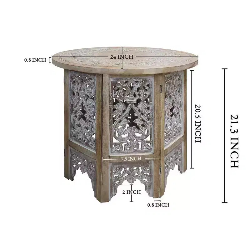 Royal Hampton 24 Inch Accent Side Table with Mango Wood Round Top and Floral Cut-Out Carved Motifs