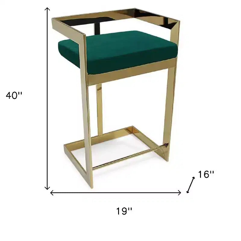 HomeRoots 30 Green and Gold Metal and Velvet Low Back Bar Height Bar Chair