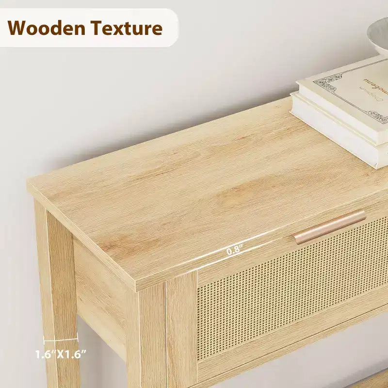 Rattan Console Table with 2 Storage Drawers, Boho Entryway Sofa Table for Living Room Hallway Foyer